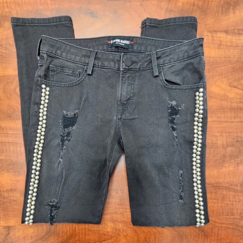 Etienne Marcel Jeans 26 Black Studded Distressed Skinny Moto Rock Glam Y2K
